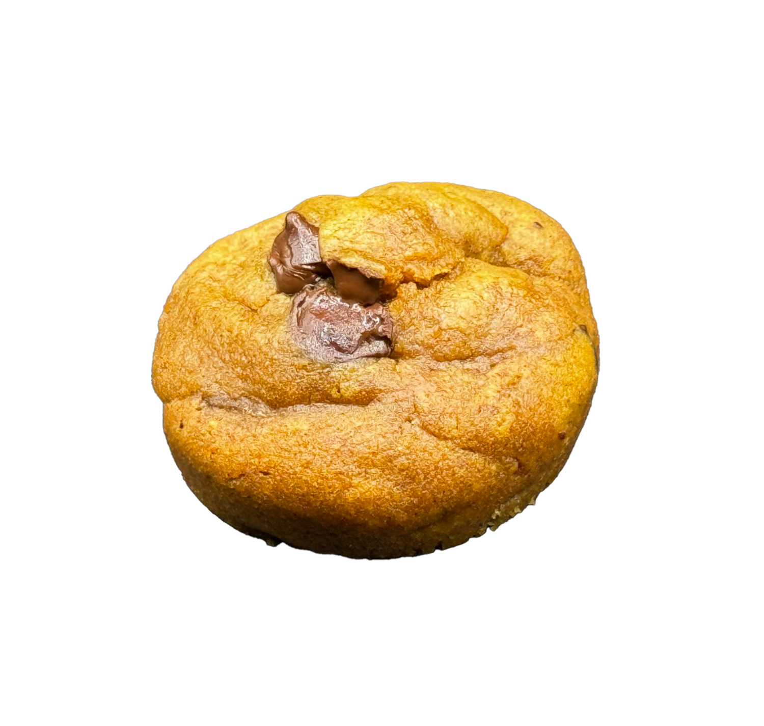 A soft, round pumpkin-flavored cookie with a golden-brown color, featuring gooey chocolate chips on top. The cookie has a slightly domed shape and a moist texture.