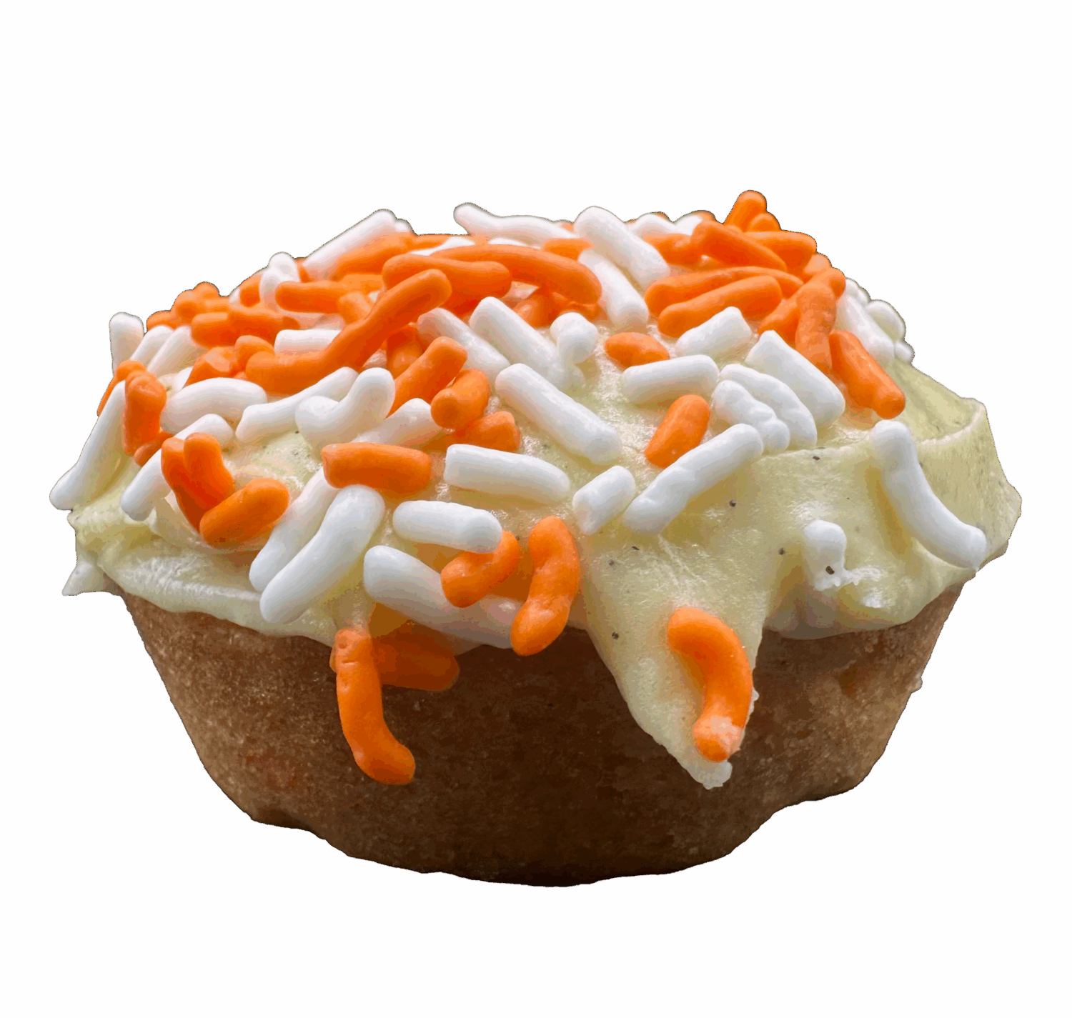 Orange sugar cookie with orange creamsicle frosting, lemon zest, and sprinkles on top.