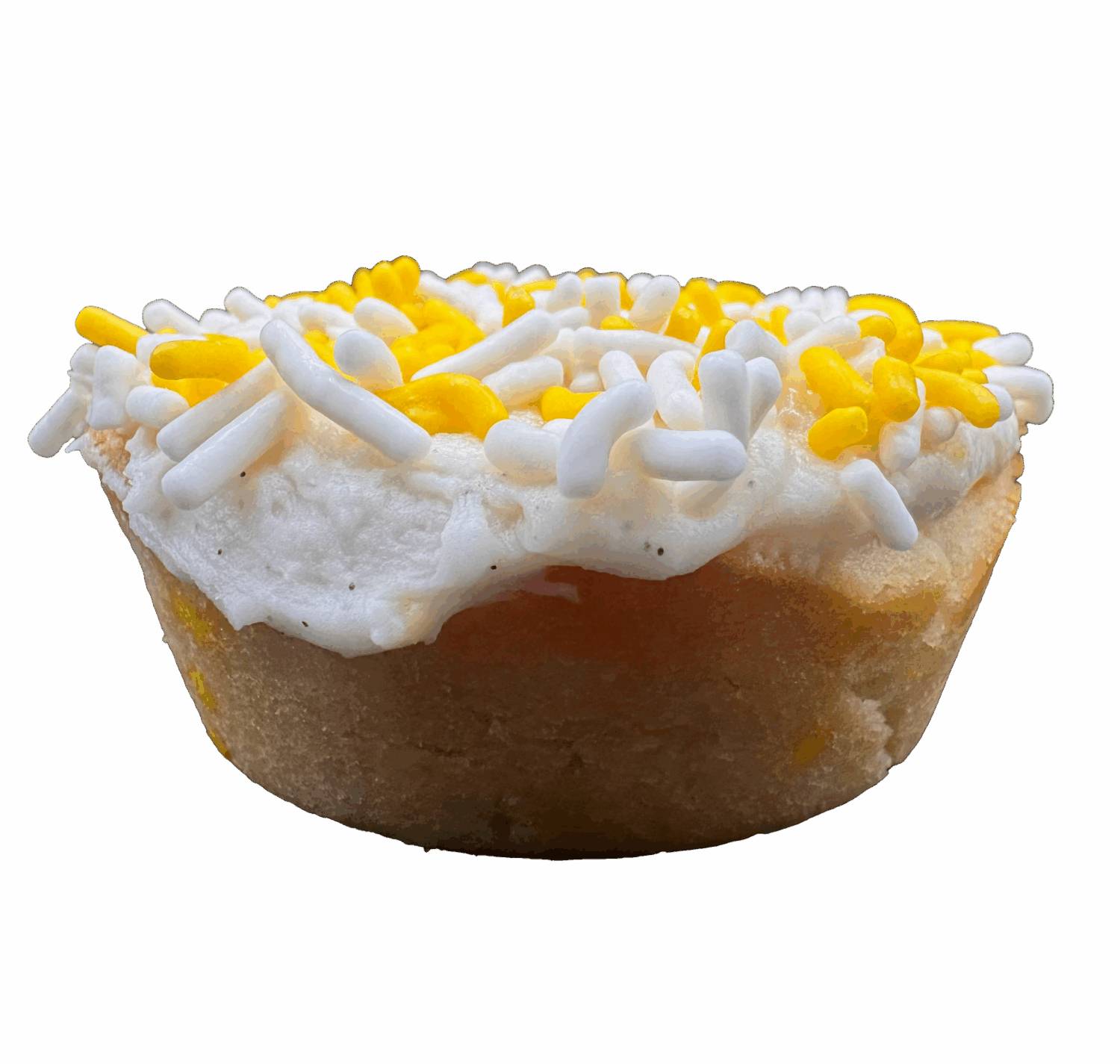 Lemon sugar cookie with yellow frosting, lemon zest, vanilla bean specks, and multicolored sprinkles on top.