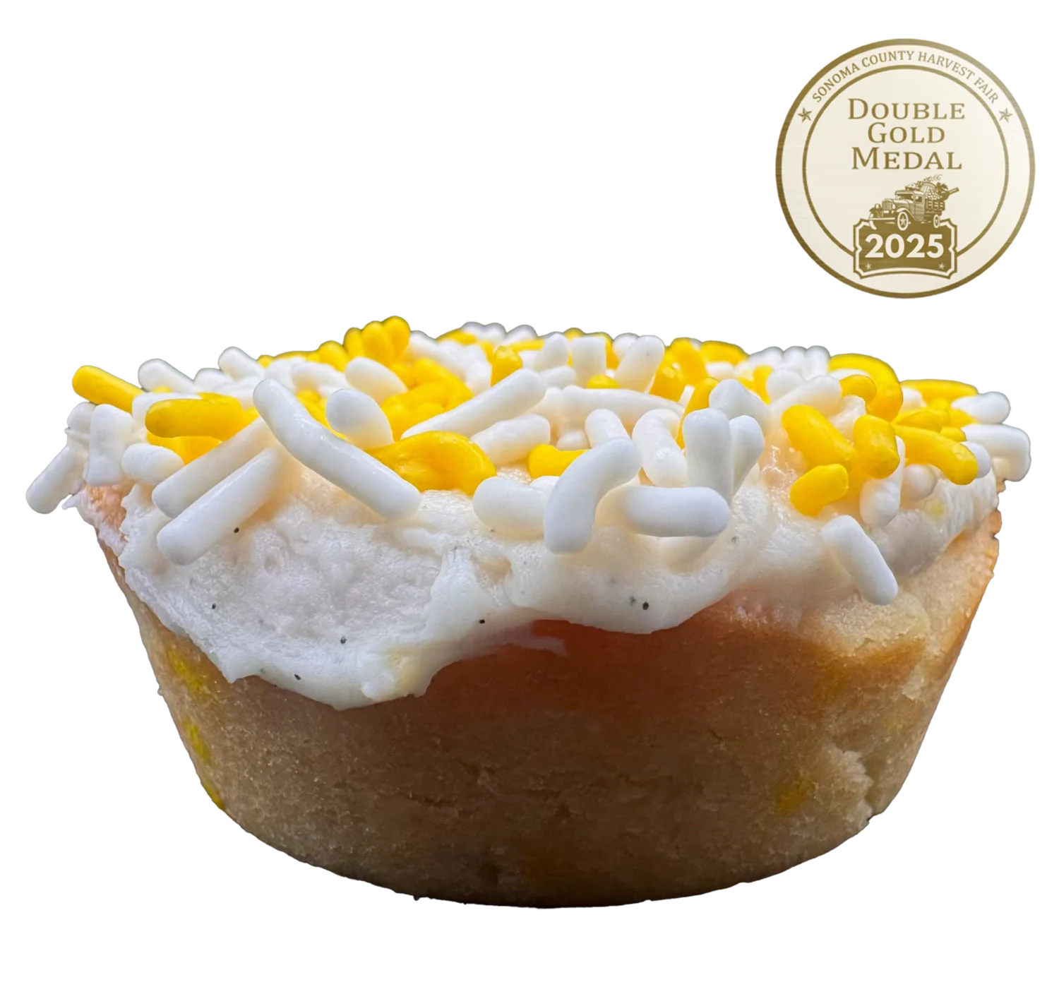 Lemon sugar cookie with yellow frosting, lemon zest, vanilla bean specks, and multicolored sprinkles on top.