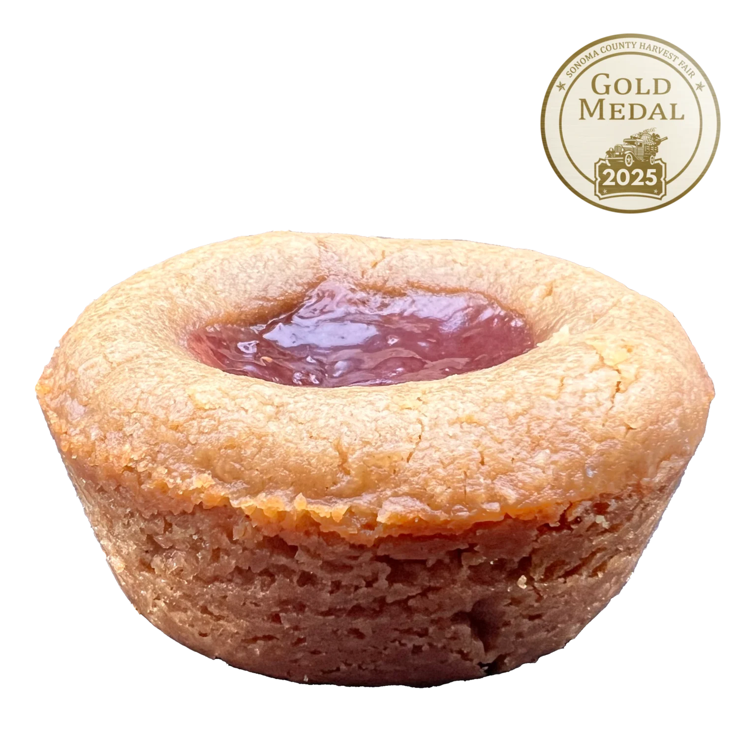 Sonoma County Harvest Fair Gold Medal Winner peanut butter and strawberry jam thumbprint cookie with a golden-brown base and a vibrant pink jam center.