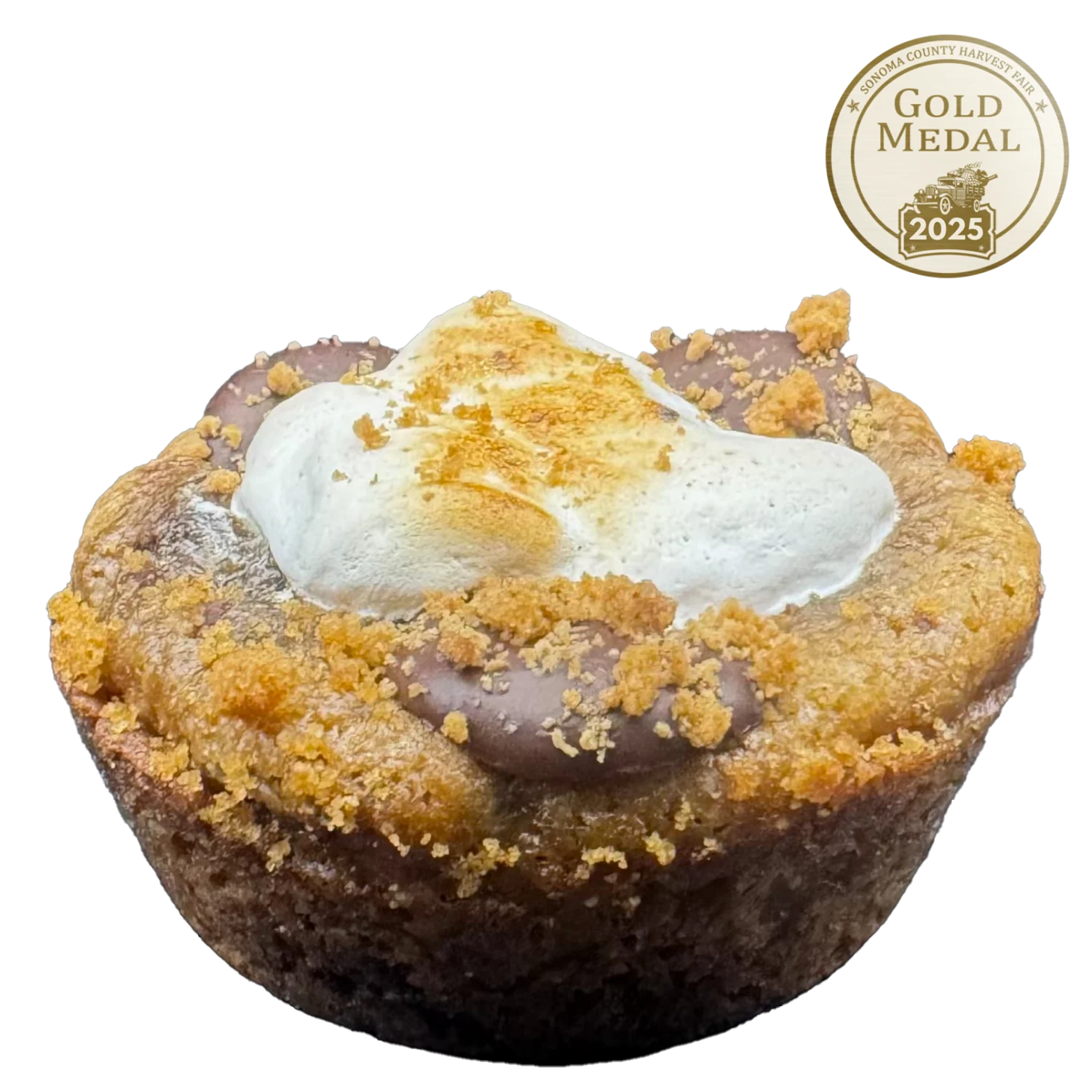 Gourmet S'mores cookie with a thick dough base, melted chocolate, graham cracker pieces, whipped peanut butter, and toasted honey marshmallow fluff, topped with mini peanut butter cups and salt flakes.